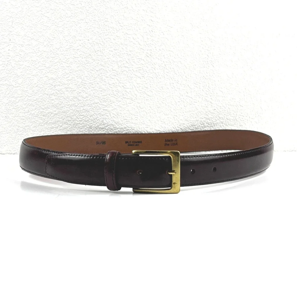 Leather Dress Belt Mens 34 Burgundy Made in USA Gold Buckle Corporate Preppy